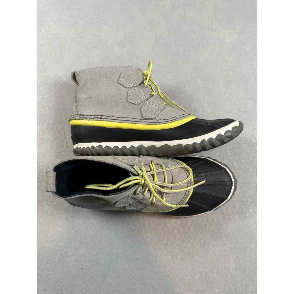 Sorel Out N About Rain Boots Grey Black Yellow Waterproof Canvas NL2339-081 5.5